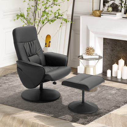 Living Room Chair with Ottoman Footrest Upholstered in PU Reclining Relax Chair up to 145° and 360° Swivel with Adjustable Back for Living Room Bedroom Office 76x81x101 cm Black