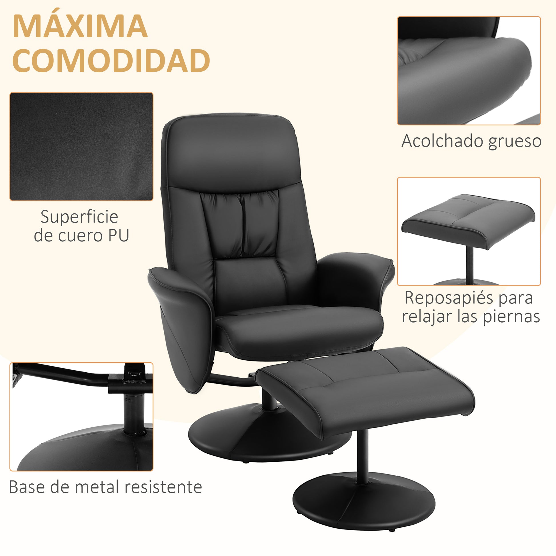 Living Room Chair with Ottoman Footrest Upholstered in PU Reclining Relax Chair up to 145° and 360° Swivel with Adjustable Back for Living Room Bedroom Office 76x81x101 cm Black