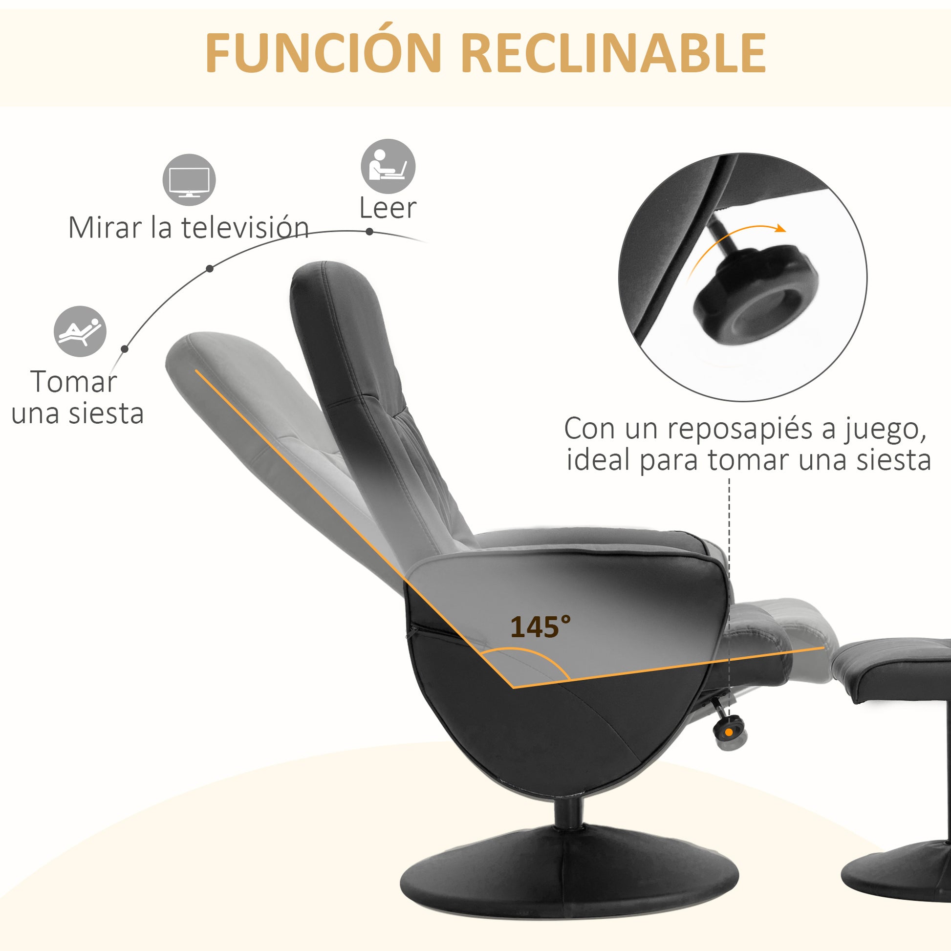 Living Room Chair with Ottoman Footrest Upholstered in PU Reclining Relax Chair up to 145° and 360° Swivel with Adjustable Back for Living Room Bedroom Office 76x81x101 cm Black
