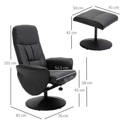 Living Room Chair with Ottoman Footrest Upholstered in PU Reclining Relax Chair up to 145° and 360° Swivel with Adjustable Back for Living Room Bedroom Office 76x81x101 cm Black