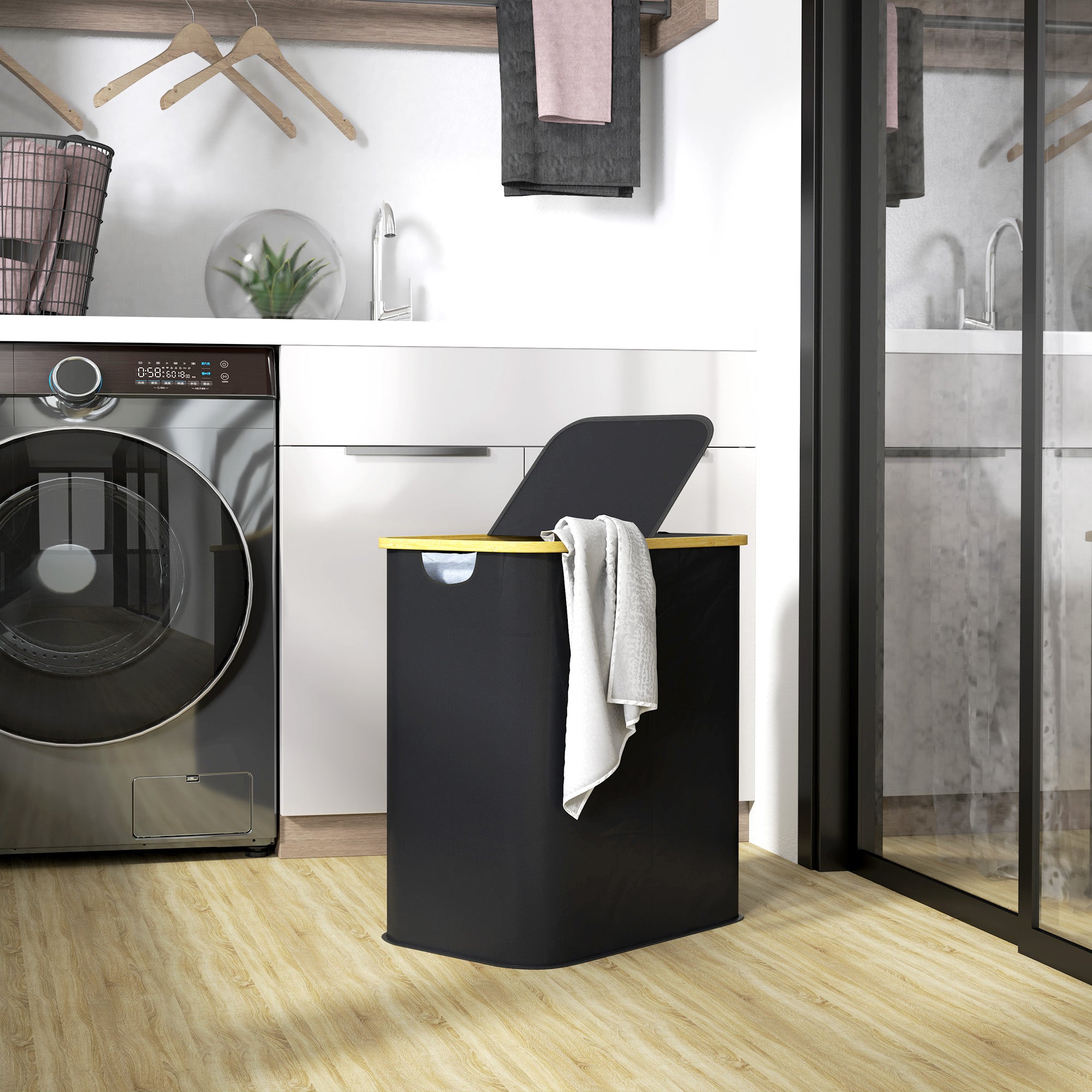 Double Folding Laundry Basket 80 L Dirty Laundry Hamper with Lid, Grooved Handles, Laundry Bin for Bathroom, Bedroom, Laundry Room, Black