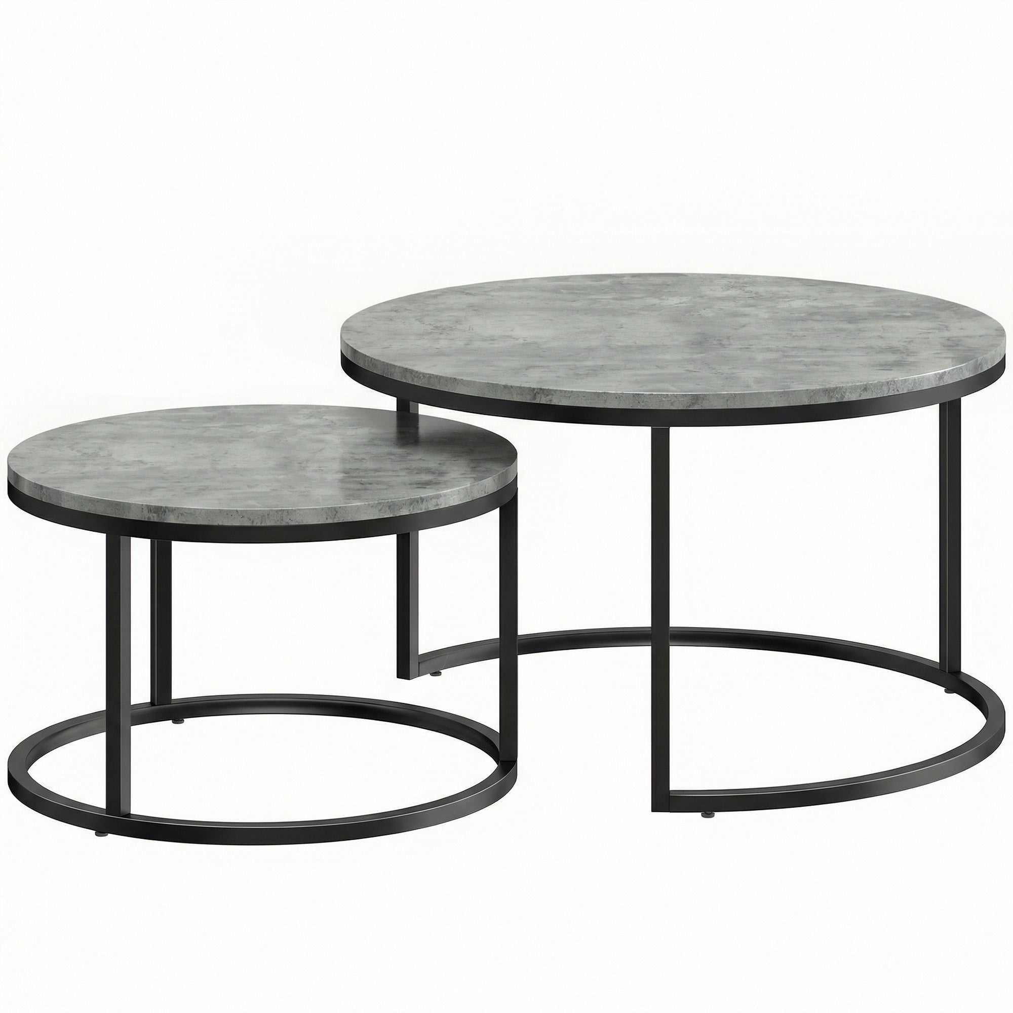 2-Piece Round Nesting Coffee Table Set, Cement-Look Top with Metal Frame — 30.9 x 30.9 x 18.3 in (78.5 x 78.5 x 46.5 cm), Gray