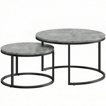 2-Piece Round Nesting Coffee Table Set, Cement-Look Top with Metal Frame — 30.9 x 30.9 x 18.3 in (78.5 x 78.5 x 46.5 cm), Gray