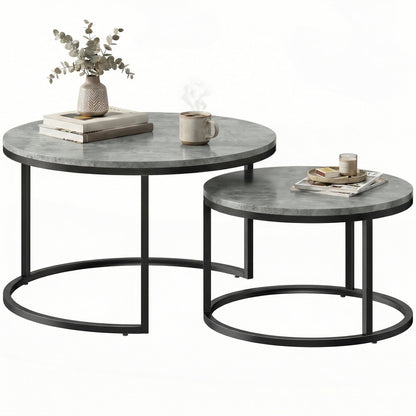 2-Piece Round Nesting Coffee Table Set, Cement-Look Top with Metal Frame — 30.9 x 30.9 x 18.3 in (78.5 x 78.5 x 46.5 cm), Gray