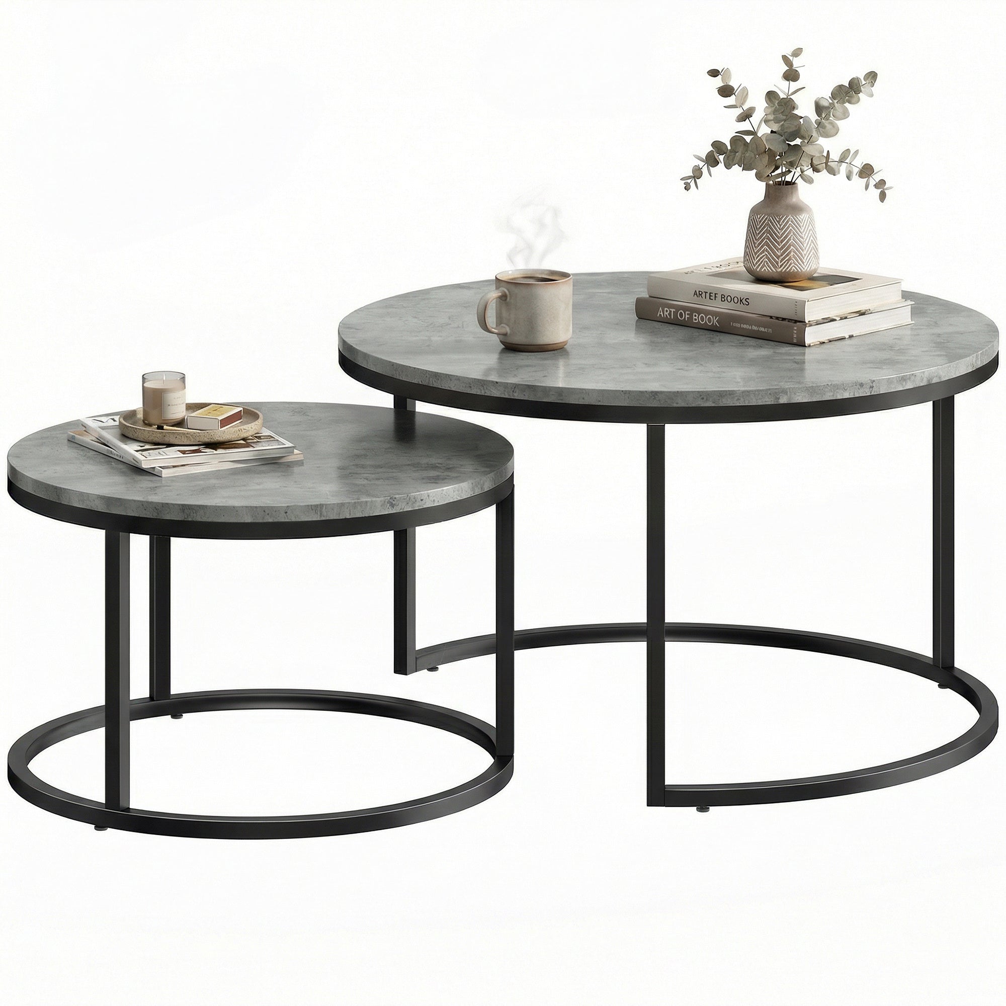 2-Piece Round Nesting Coffee Table Set, Cement-Look Top with Metal Frame — 30.9 x 30.9 x 18.3 in (78.5 x 78.5 x 46.5 cm), Gray