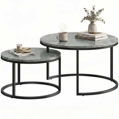 2-Piece Round Nesting Coffee Table Set, Cement-Look Top with Metal Frame — 30.9 x 30.9 x 18.3 in (78.5 x 78.5 x 46.5 cm), Gray