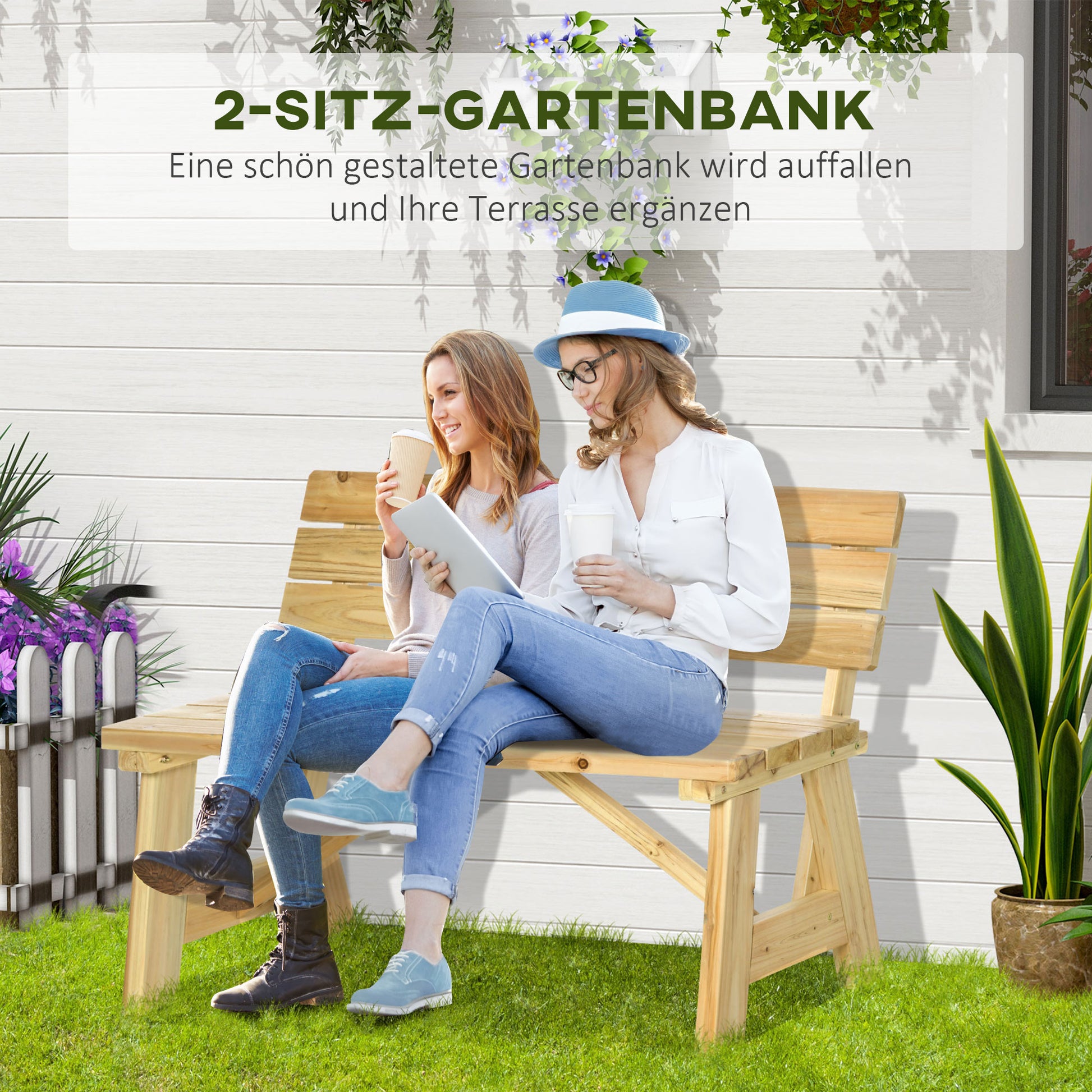 2-Seater Garden Bench Wood, Weatherproof Bench, UV-Resistant Garden Furniture with Backrests, Park Bench 220kg Load Capacity, Balcony Bench, Wooden Bench for Balcony Terrace, Garden, 116 x 56 x 80 cm, Natural