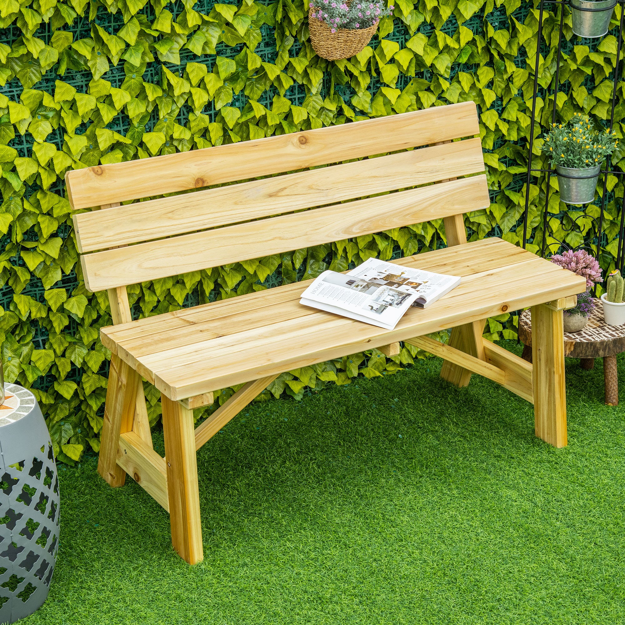 2-Seater Garden Bench Wood, Weatherproof Bench, UV-Resistant Garden Furniture with Backrests, Park Bench 220kg Load Capacity, Balcony Bench, Wooden Bench for Balcony Terrace, Garden, 116 x 56 x 80 cm, Natural