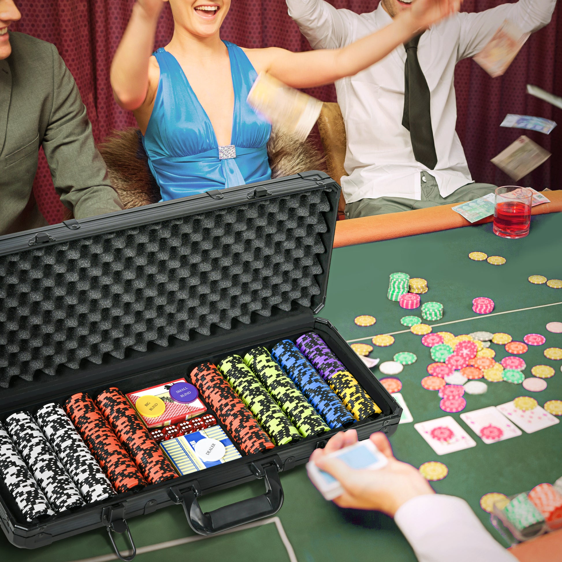 SPORTNOW Poker Set Complete Poker Set, with 500 Chips 14g, 5 Dice, 2 Decks of Cards 3 Texas Hold'em Buttons, Poker Cards, Dealer Button
