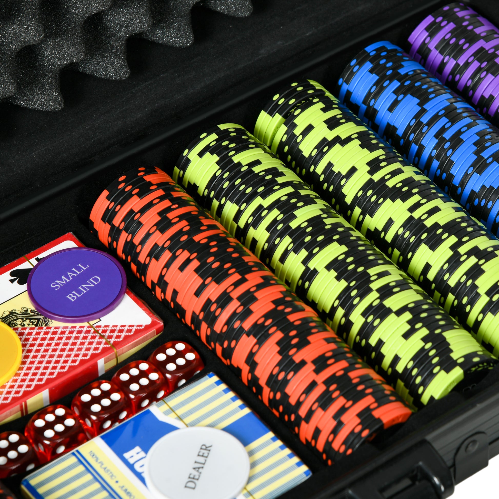 SPORTNOW Poker Set Complete Poker Set, with 500 Chips 14g, 5 Dice, 2 Decks of Cards 3 Texas Hold'em Buttons, Poker Cards, Dealer Button