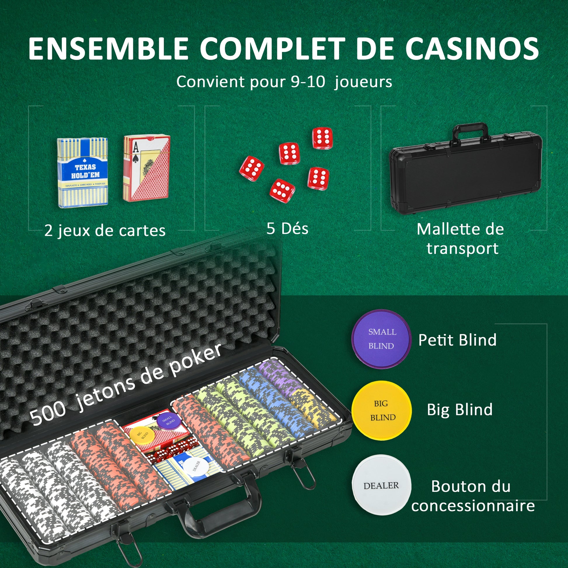SPORTNOW Poker Set Complete Poker Set, with 500 Chips 14g, 5 Dice, 2 Decks of Cards 3 Texas Hold'em Buttons, Poker Cards, Dealer Button