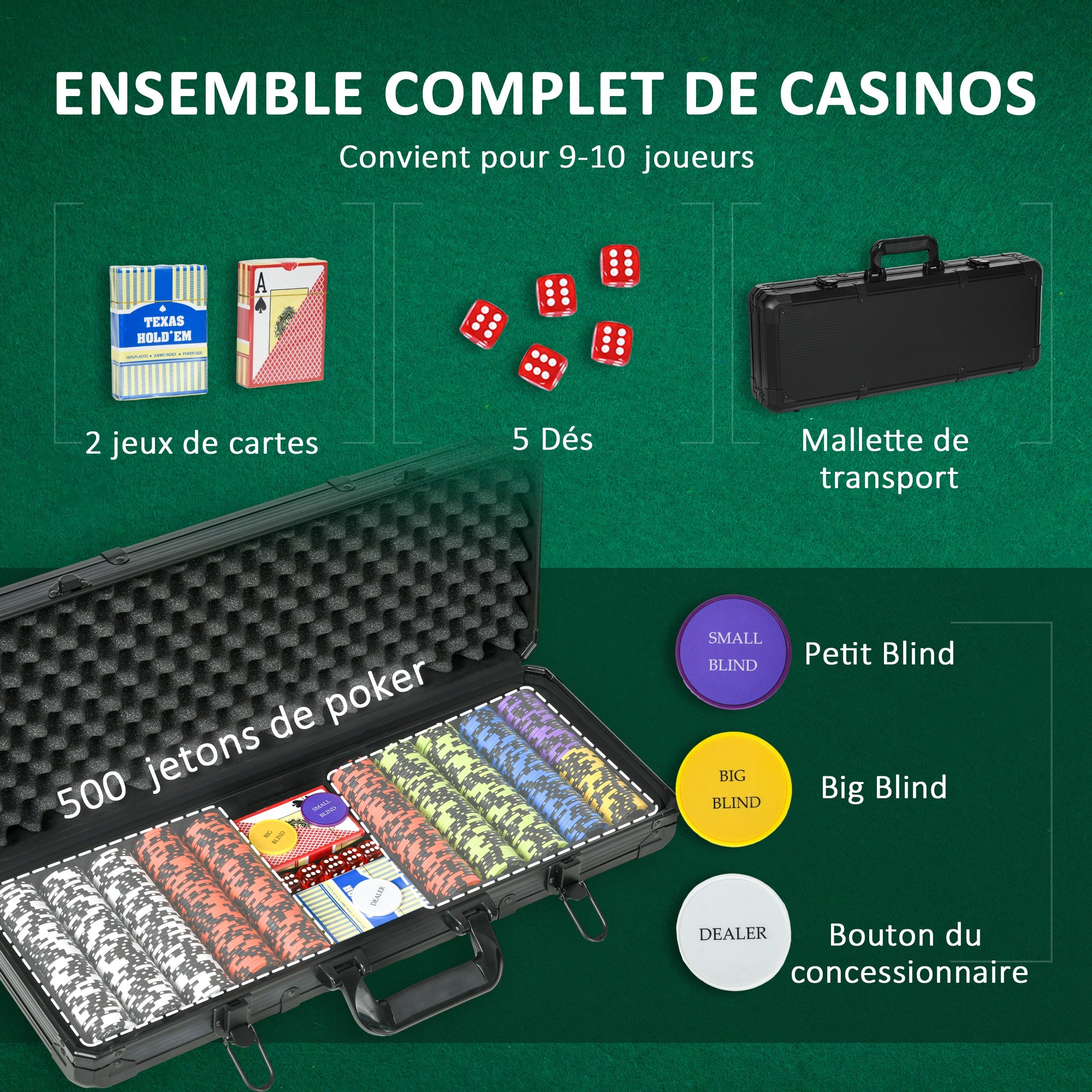 SPORTNOW Poker Set Complete Poker Set, with 500 Chips 14g, 5 Dice, 2 Decks of Cards 3 Texas Hold'em Buttons, Poker Cards, Dealer Button