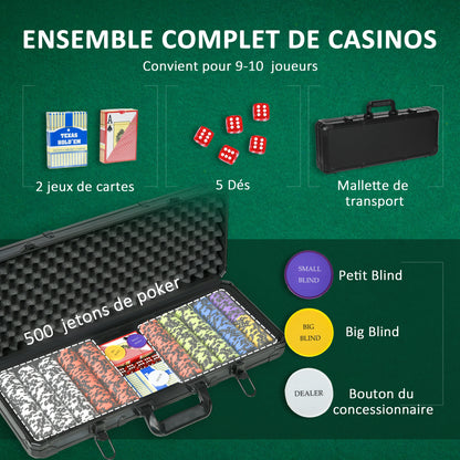 SPORTNOW Poker Set Complete Poker Set, with 500 Chips 14g, 5 Dice, 2 Decks of Cards 3 Texas Hold'em Buttons, Poker Cards, Dealer Button