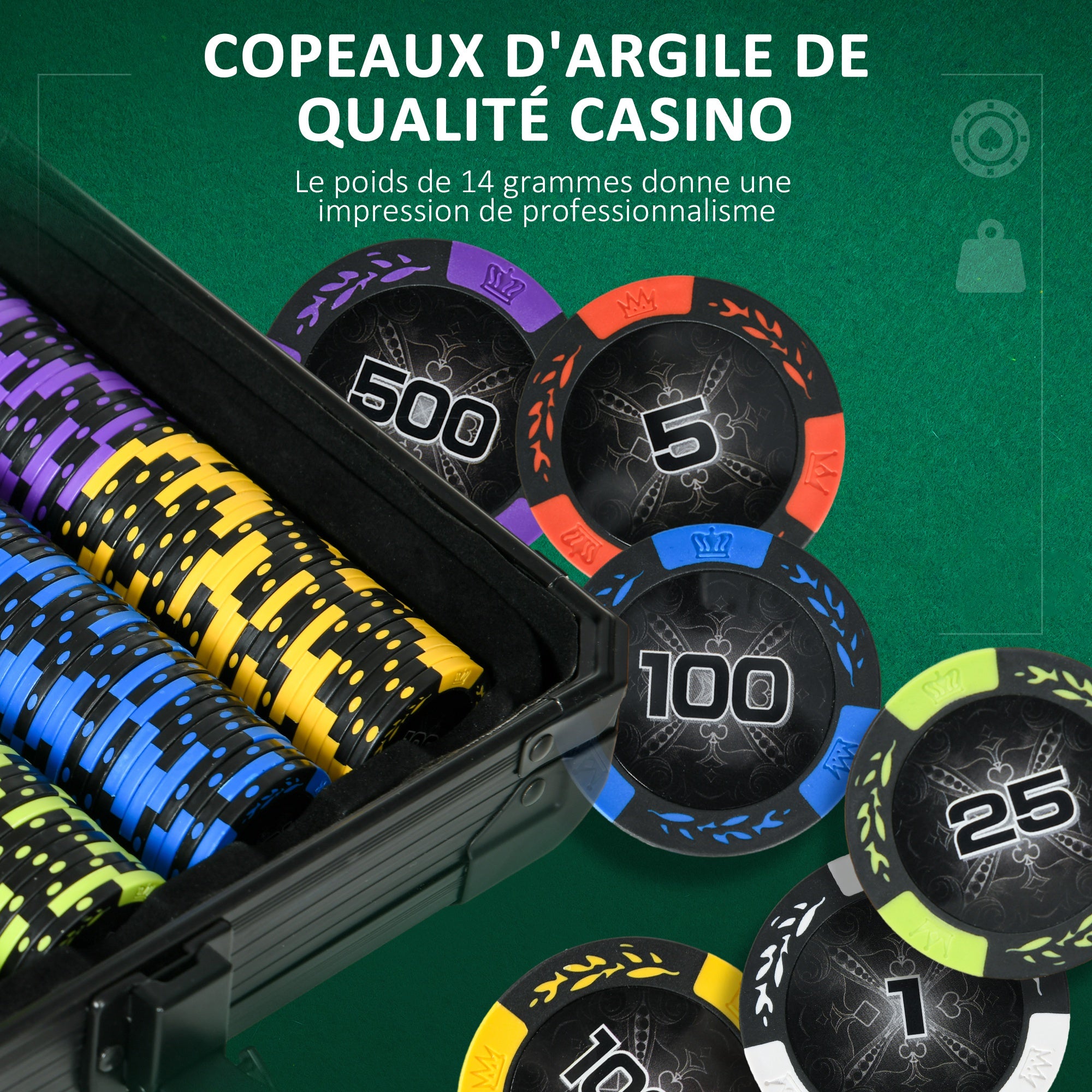 SPORTNOW Poker Set Complete Poker Set, with 500 Chips 14g, 5 Dice, 2 Decks of Cards 3 Texas Hold'em Buttons, Poker Cards, Dealer Button