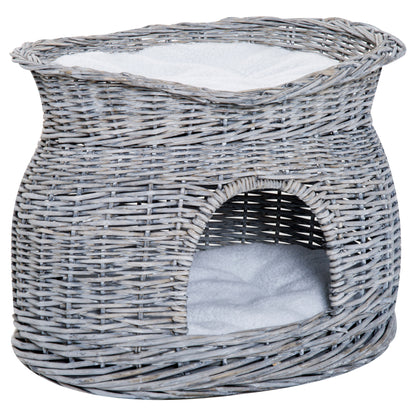 Rattan Wicker Cat Basket with 2 Soft Cushions Cat House Pet Bed made of Water Hyacinth for Living Room Gray 56 x 37 x 40 cm