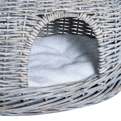 Rattan Wicker Cat Basket with 2 Soft Cushions Cat House Pet Bed made of Water Hyacinth for Living Room Gray 56 x 37 x 40 cm