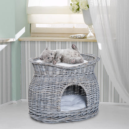Rattan Wicker Cat Basket with 2 Soft Cushions Cat House Pet Bed made of Water Hyacinth for Living Room Gray 56 x 37 x 40 cm