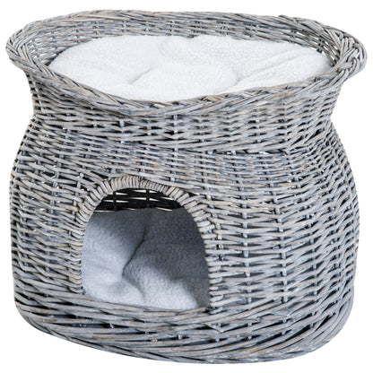Rattan Wicker Cat Basket with 2 Soft Cushions Cat House Pet Bed made of Water Hyacinth for Living Room Gray 56 x 37 x 40 cm