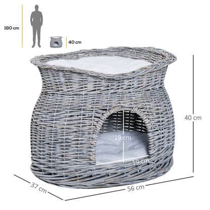 Rattan Wicker Cat Basket with 2 Soft Cushions Cat House Pet Bed made of Water Hyacinth for Living Room Gray 56 x 37 x 40 cm