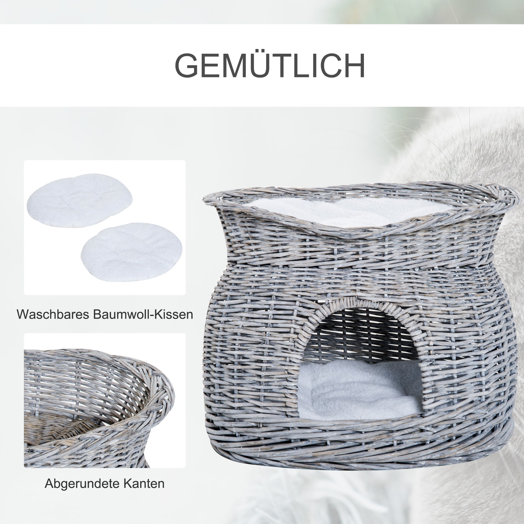 Rattan Wicker Cat Basket with 2 Soft Cushions Cat House Pet Bed made of Water Hyacinth for Living Room Gray 56 x 37 x 40 cm