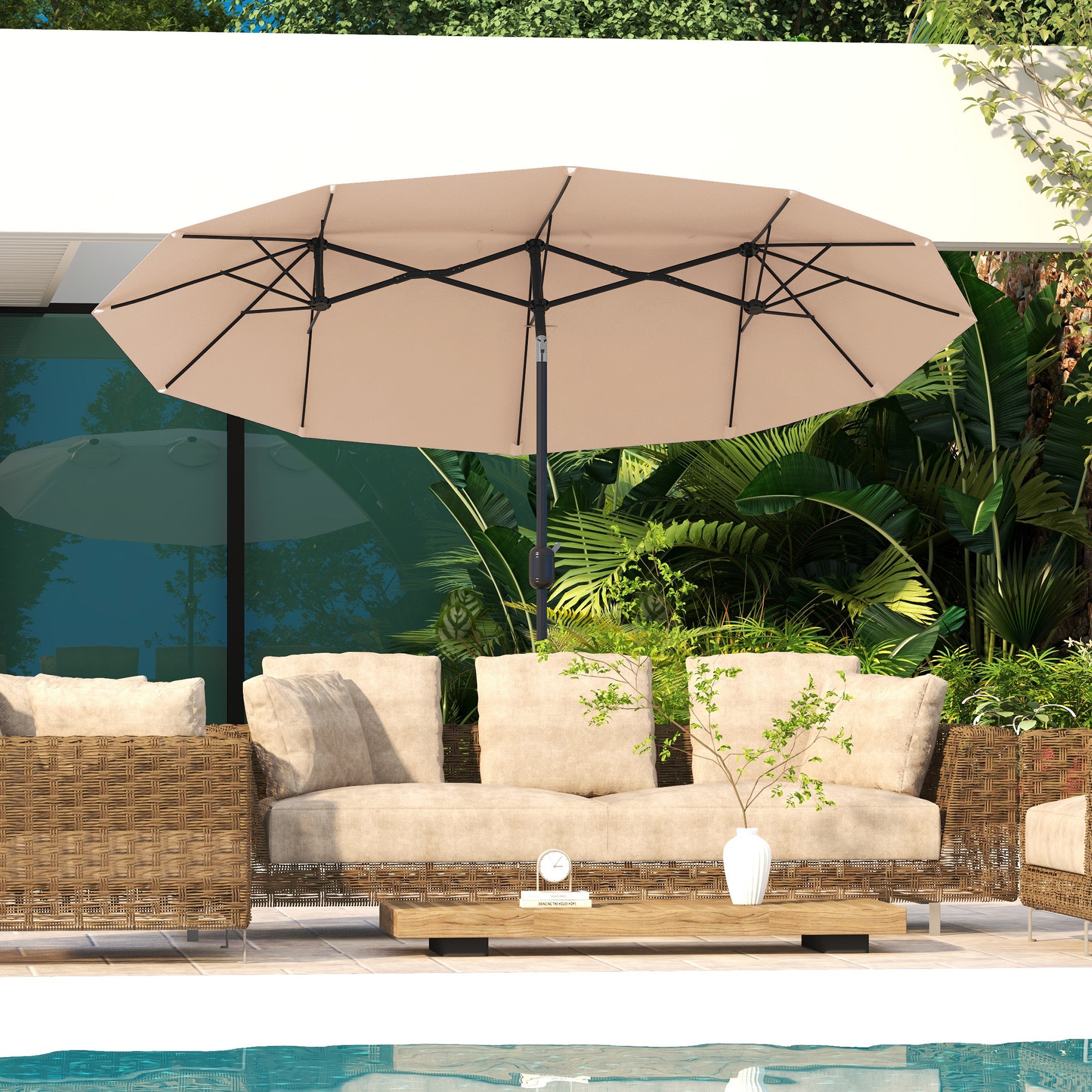 Double Tilt Garden Umbrella with 45° Tilt, Crank, and 3 Air Vents, Steel and Polyester Outdoor Umbrella, 295x152x222 cm, Coffee