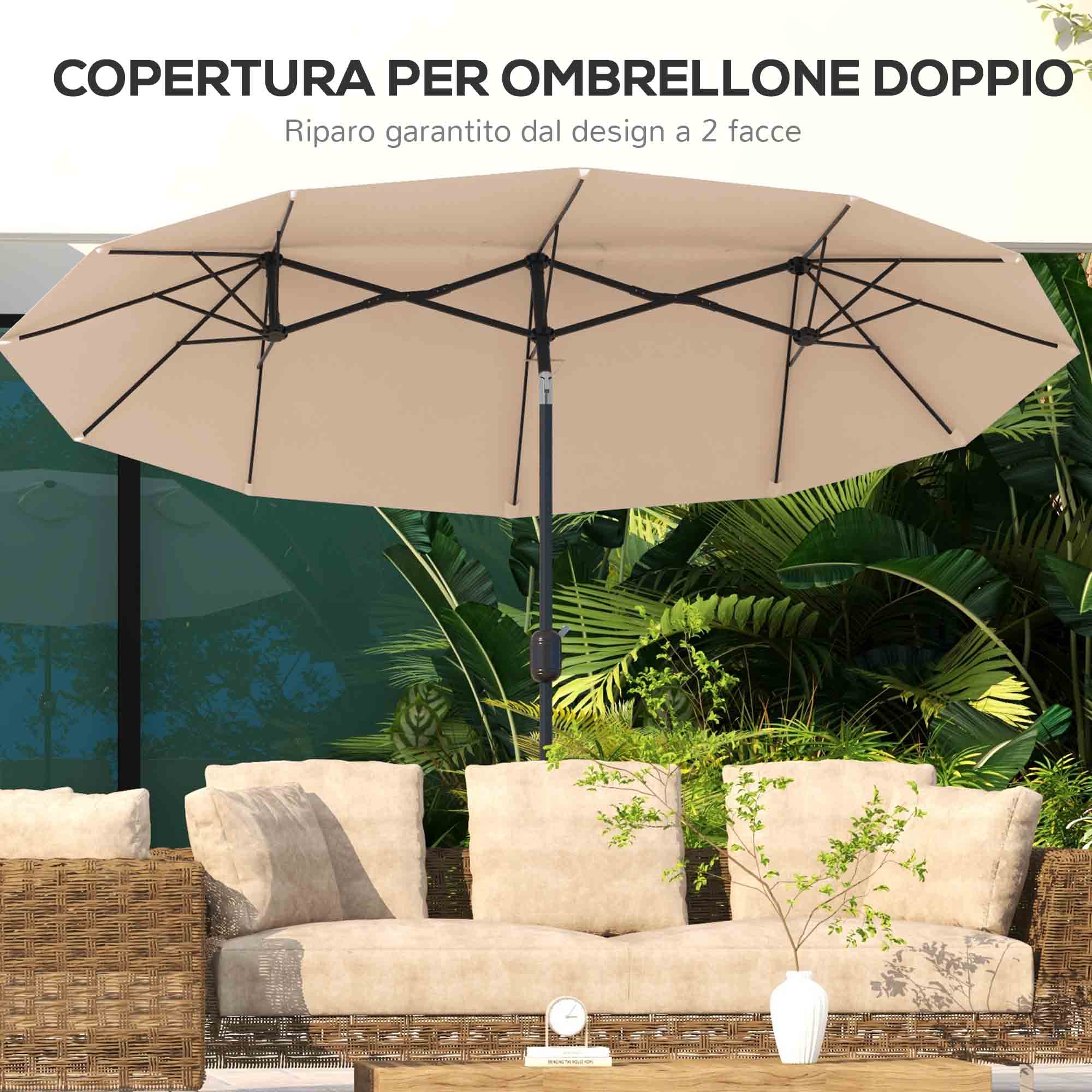 Double Tilt Garden Umbrella with 45° Tilt, Crank, and 3 Air Vents, Steel and Polyester Outdoor Umbrella, 295x152x222 cm, Coffee