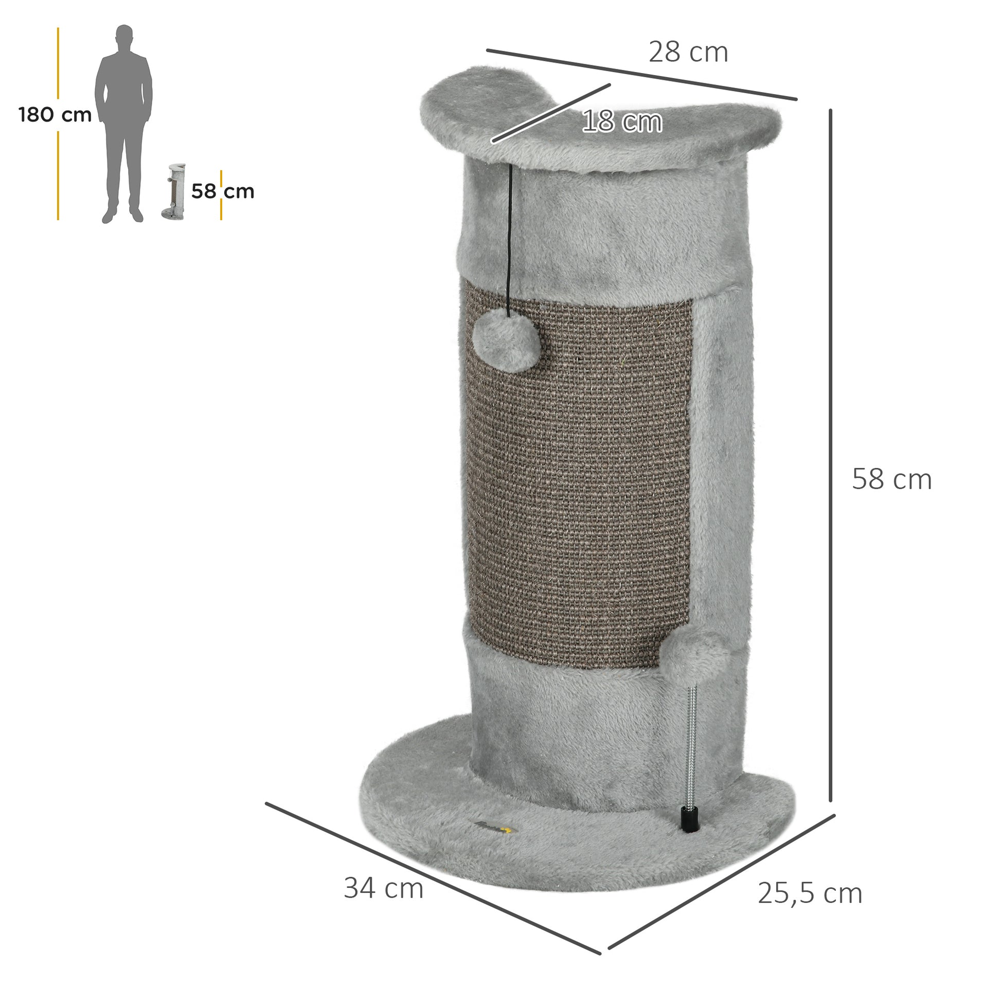 Corner Scratching Post, 58cm Sisal Scratching Pole, Cat Tree for Cats, Small Cat Scratching Post with Scratching Ball, Cat Furniture for Indoor, Gray