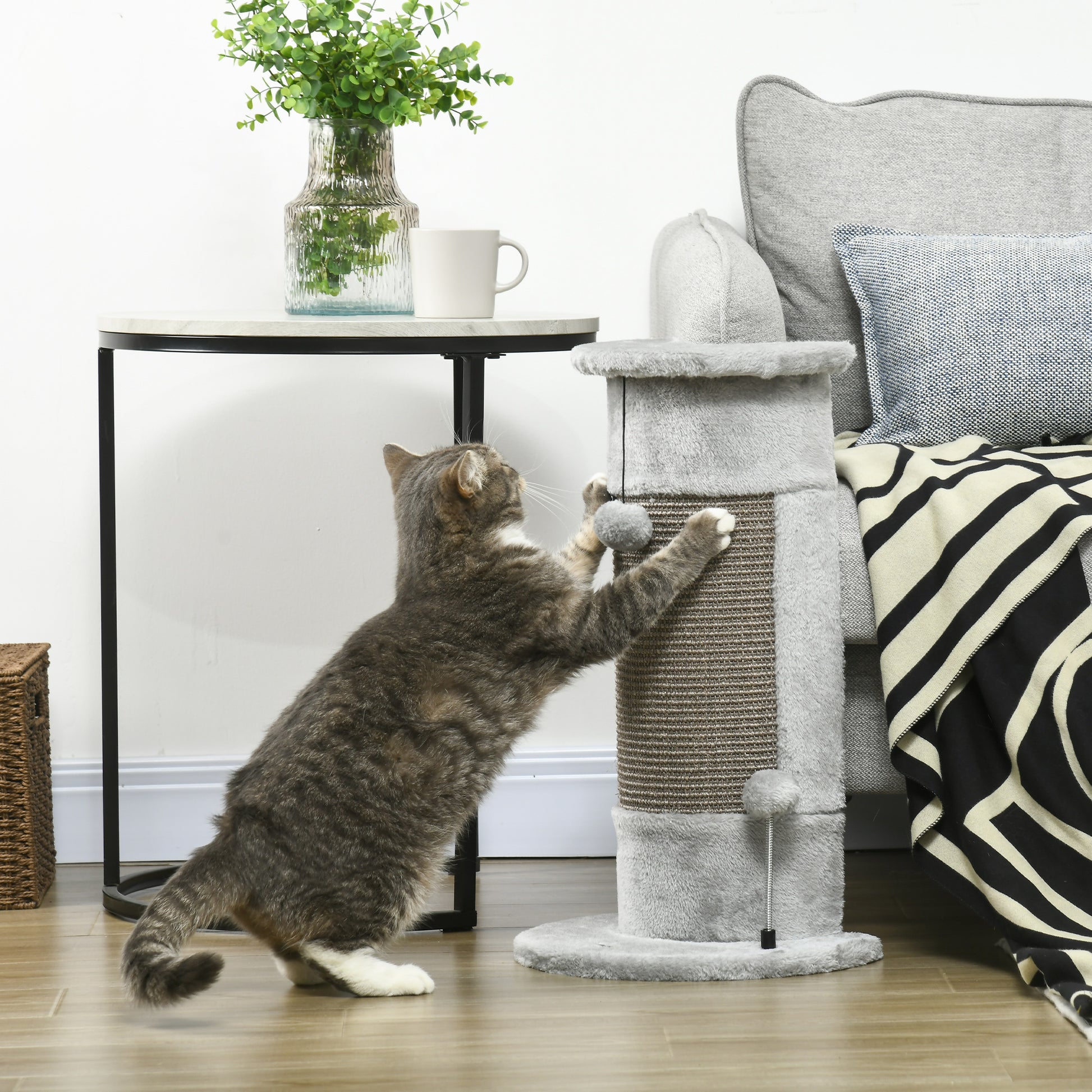Corner Scratching Post, 58cm Sisal Scratching Pole, Cat Tree for Cats, Small Cat Scratching Post with Scratching Ball, Cat Furniture for Indoor, Gray