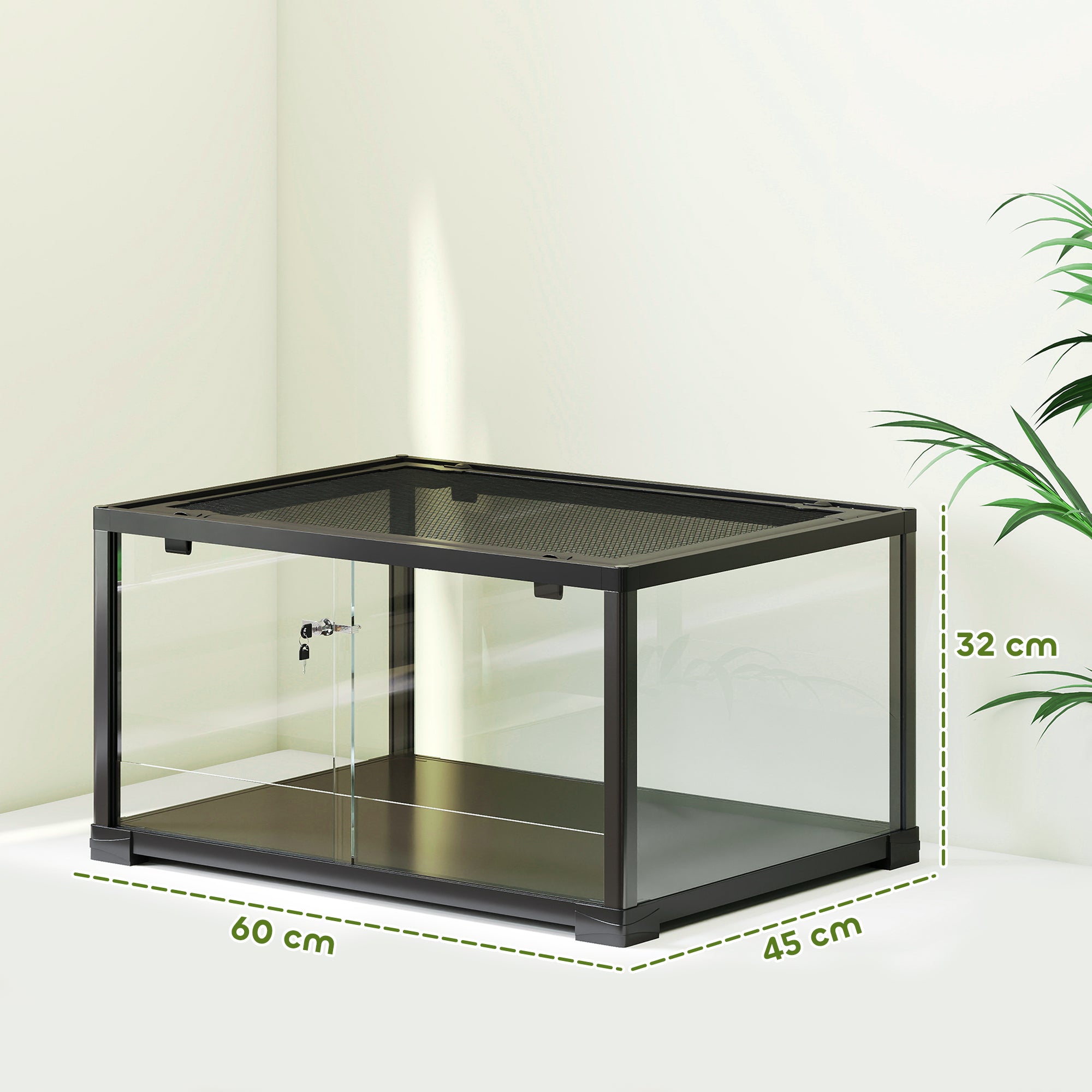 Glass Reptile Terrarium, Escape-Proof Sliding Door with Dual Lock, Black – 60 x 45 x 32 cm (86.3 L)