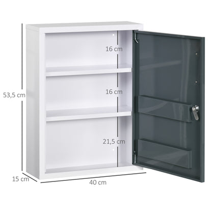Wall-mounted Medicine Cabinet Medicine Cabinet with 2 Shelves 3 Levels Lockable Door 2 Keys Steel 40 x 15 x 53.5 cm White and Gray