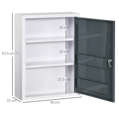 Wall-mounted Medicine Cabinet Medicine Cabinet with 2 Shelves 3 Levels Lockable Door 2 Keys Steel 40 x 15 x 53.5 cm White and Gray