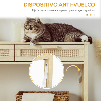 Console Table Entryway Table with 2 Drawers Rattan Surface and Lower Shelf for Hallway Living Room Bedroom Rustic Style 100x30x76 cm Natural