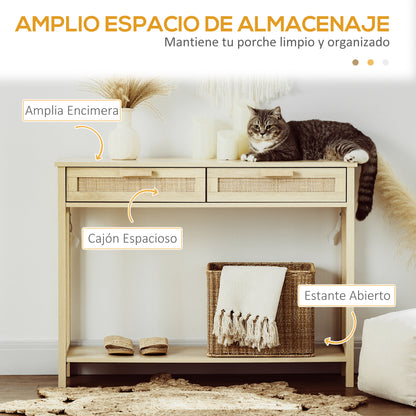 Console Table Entryway Table with 2 Drawers Rattan Surface and Lower Shelf for Hallway Living Room Bedroom Rustic Style 100x30x76 cm Natural