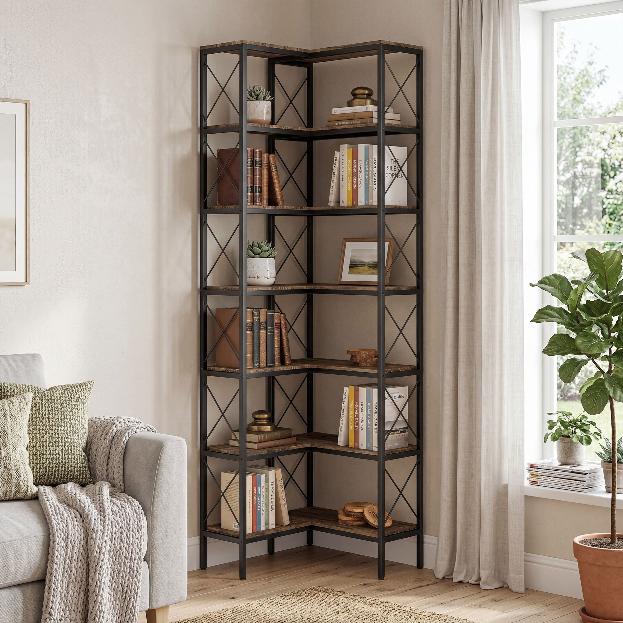 6-Tier L-Shaped Corner Bookshelf, Freestanding Metal Frame for Living Room, Office, Bedroom, 60 x 60 x 200 cm (23.6 x 23.6 x 78.7 in), Rustic Brown