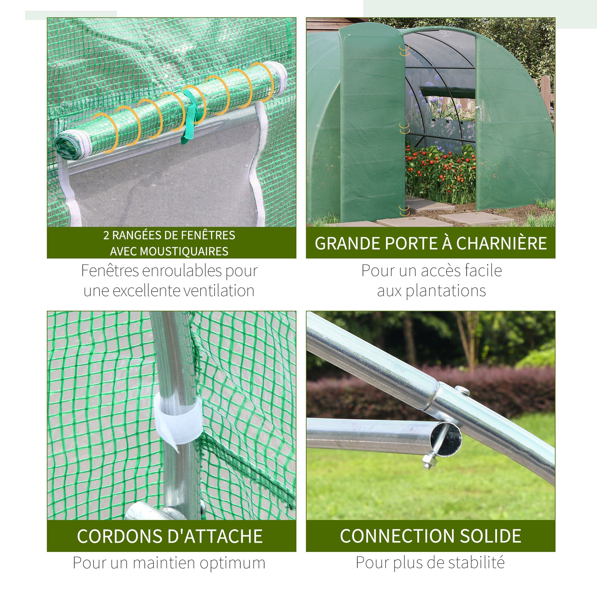 Garden Tunnel Greenhouse 12 m² 4L x 3W x 2H m Reinforced galvanized steel + High-density PE windows Door Green