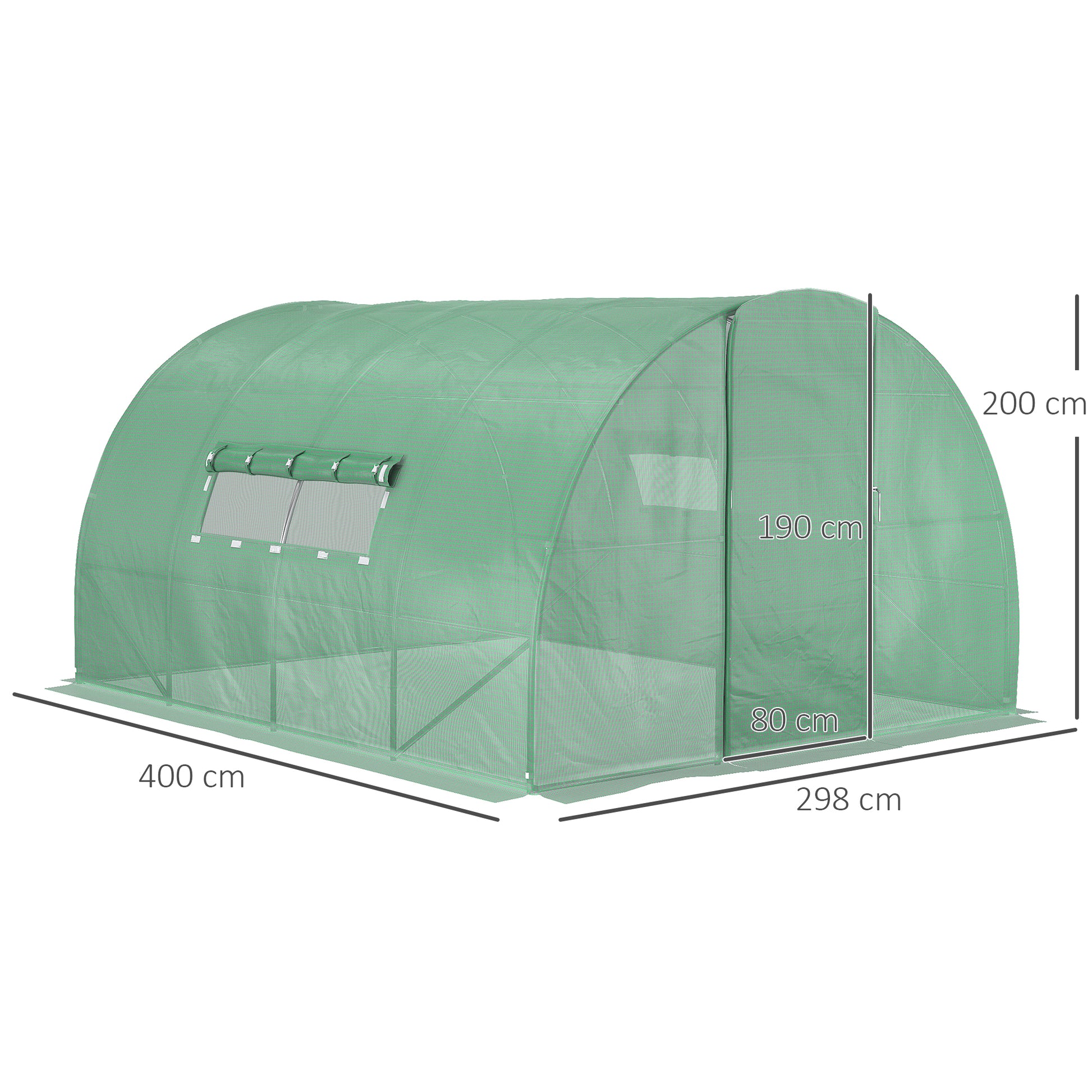 Garden Tunnel Greenhouse 12 m² 4L x 3W x 2H m Reinforced galvanized steel + High-density PE windows Door Green