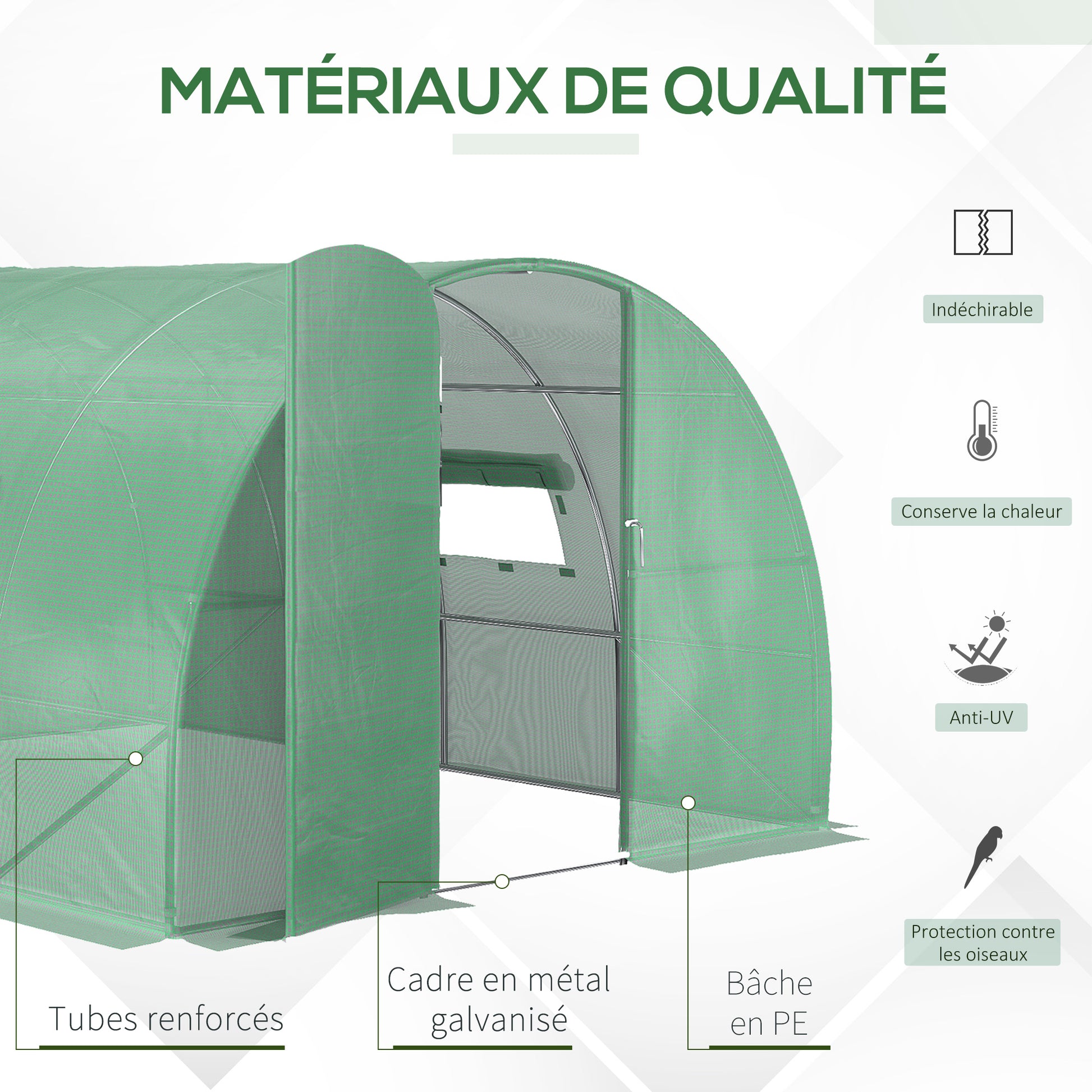 Garden Tunnel Greenhouse 12 m² 4L x 3W x 2H m Reinforced galvanized steel + High-density PE windows Door Green