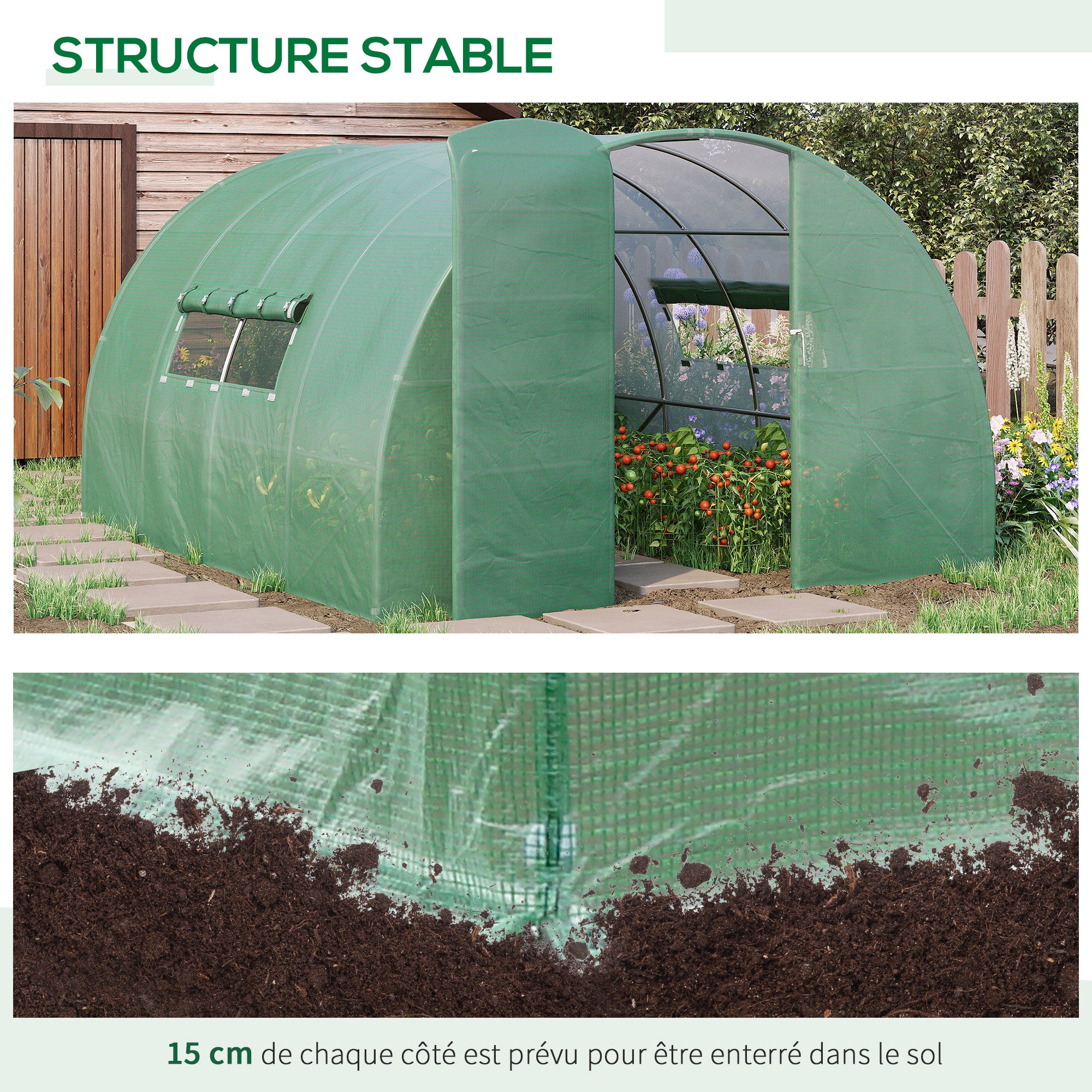 Garden Tunnel Greenhouse 12 m² 4L x 3W x 2H m Reinforced galvanized steel + High-density PE windows Door Green