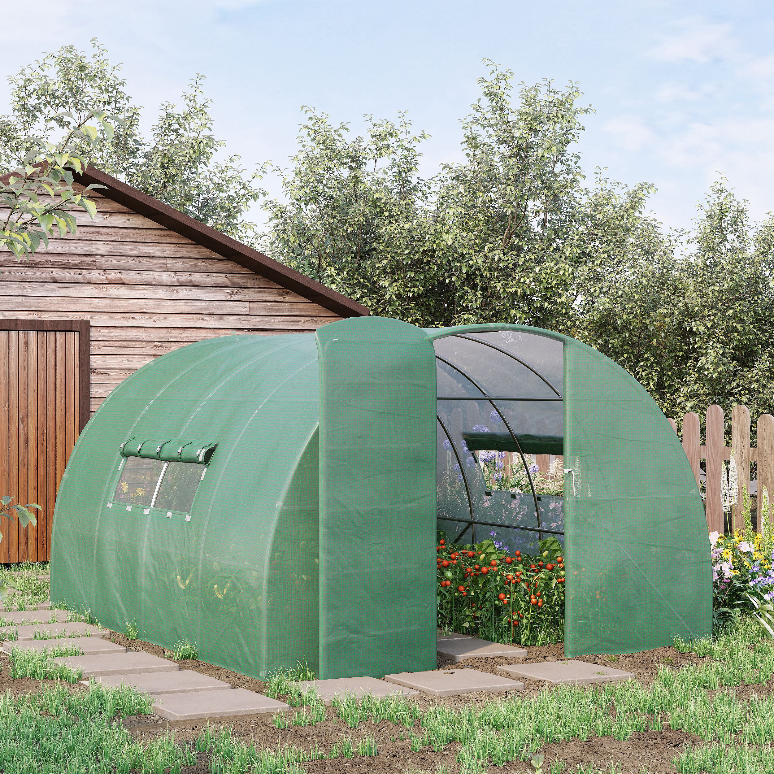 Garden Tunnel Greenhouse 12 m² 4L x 3W x 2H m Reinforced galvanized steel + High-density PE windows Door Green