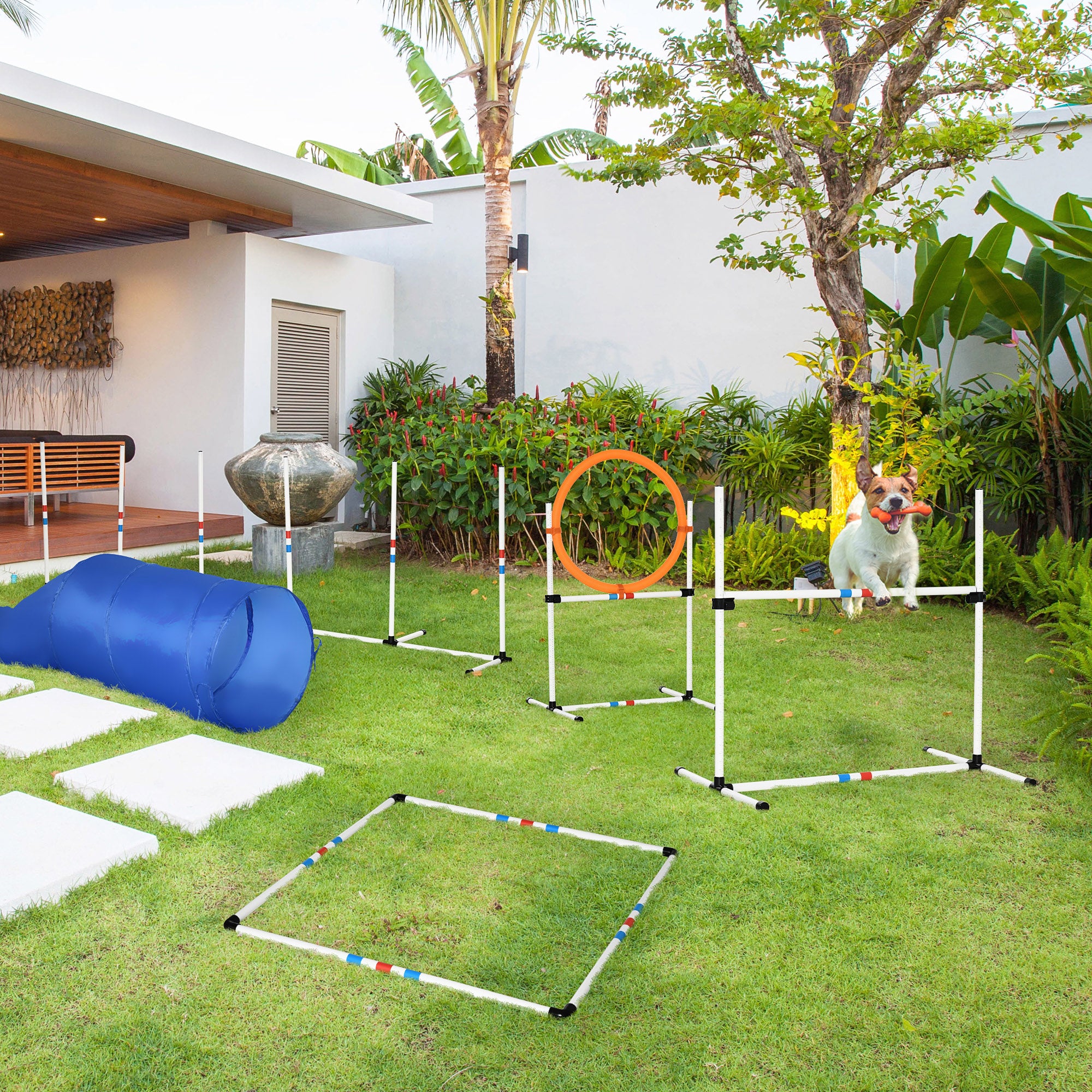 Agility Training Equipment Set Bag 5-piece High Jump and Tunnel for Dogs Polyester, PE Φ60 x 300cm White, Orange, Blue