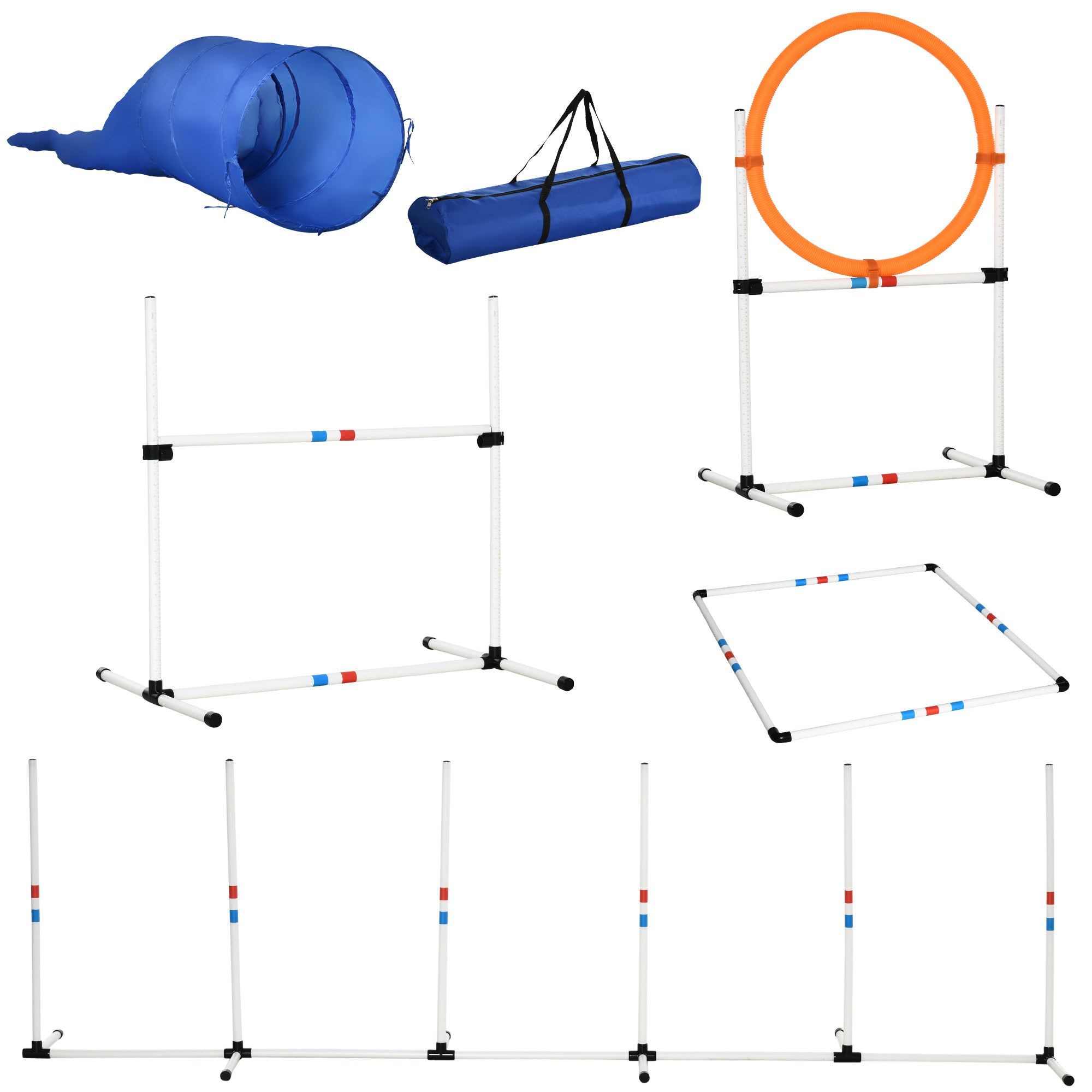 Agility Training Equipment Set Bag 5-piece High Jump and Tunnel for Dogs Polyester, PE Φ60 x 300cm White, Orange, Blue