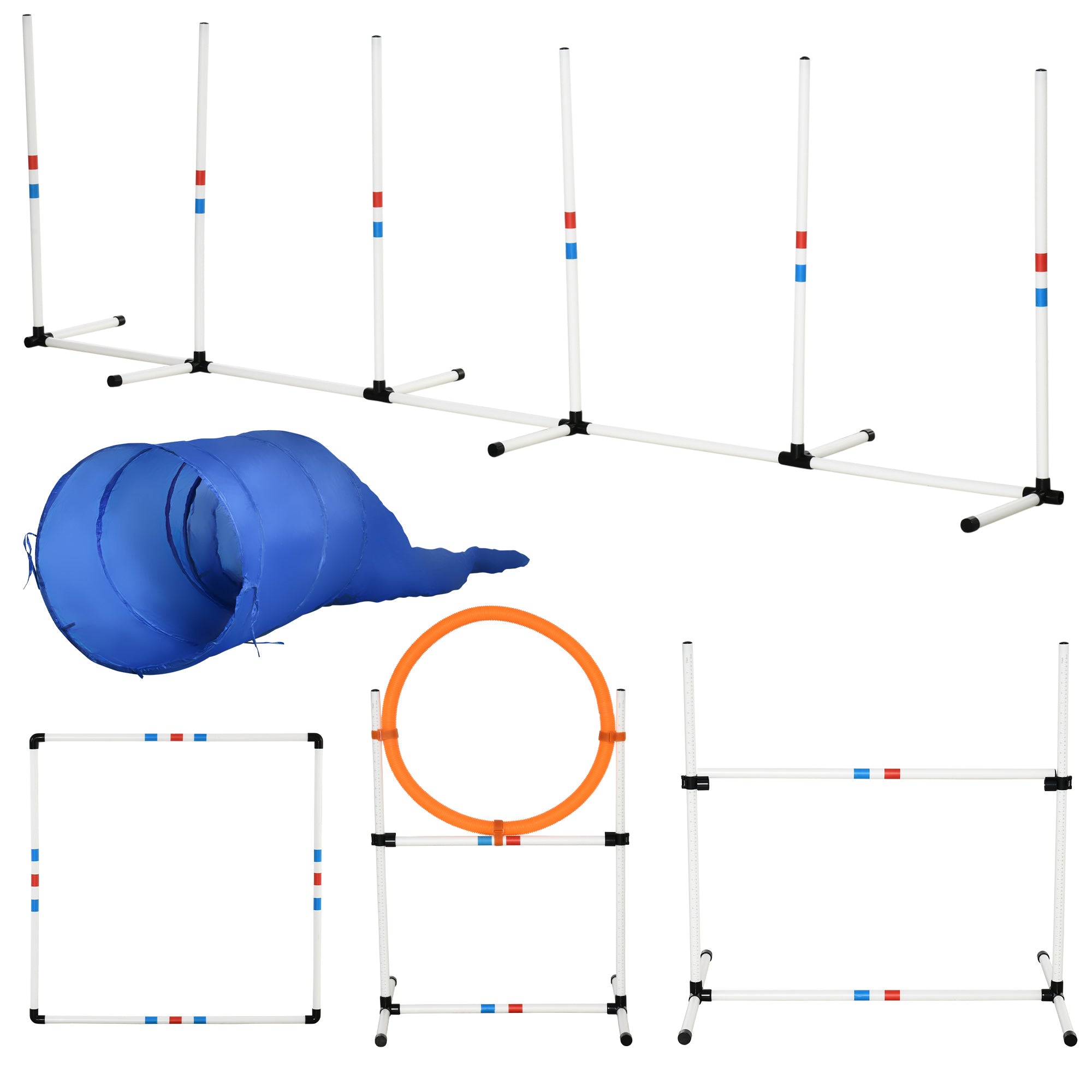 Agility Training Equipment Set Bag 5-piece High Jump and Tunnel for Dogs Polyester, PE Φ60 x 300cm White, Orange, Blue