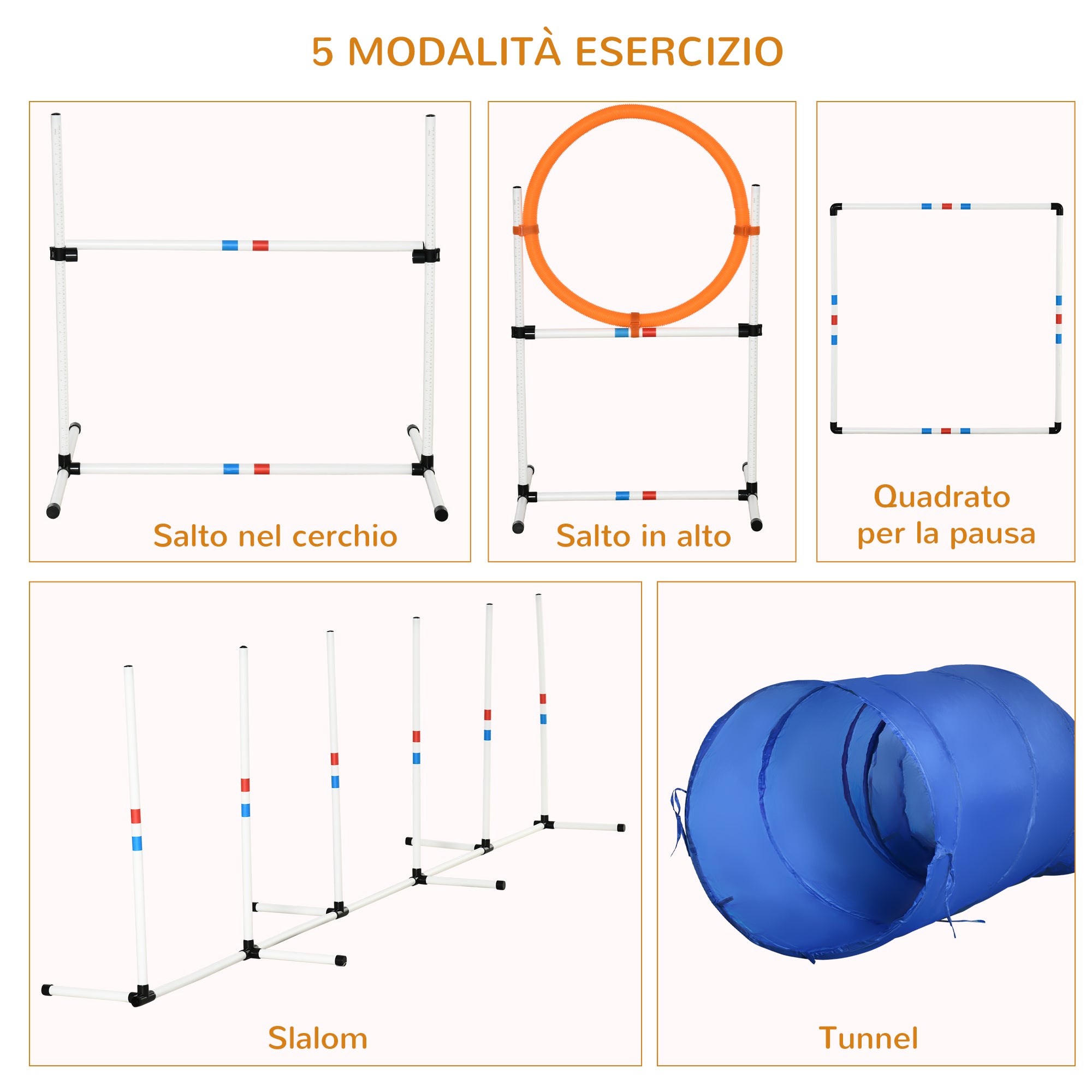 Agility Training Equipment Set Bag 5-piece High Jump and Tunnel for Dogs Polyester, PE Φ60 x 300cm White, Orange, Blue