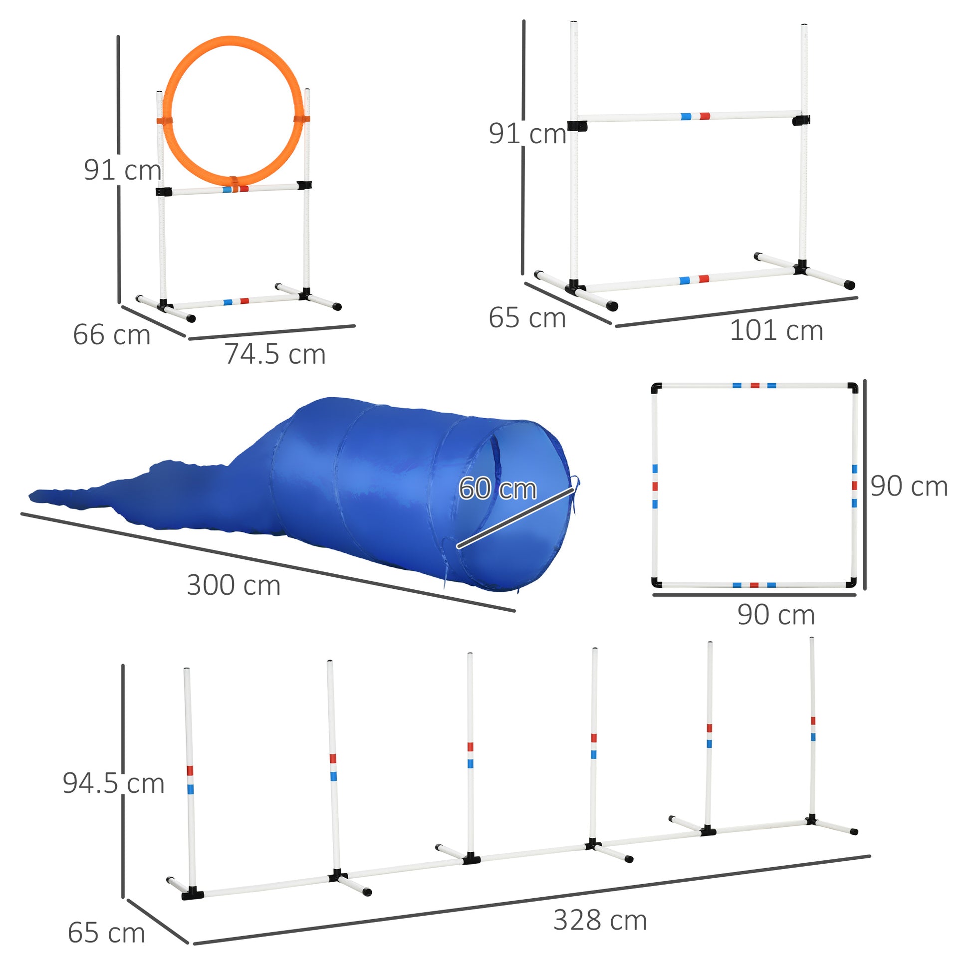 Agility Training Equipment Set Bag 5-piece High Jump and Tunnel for Dogs Polyester, PE Φ60 x 300cm White, Orange, Blue