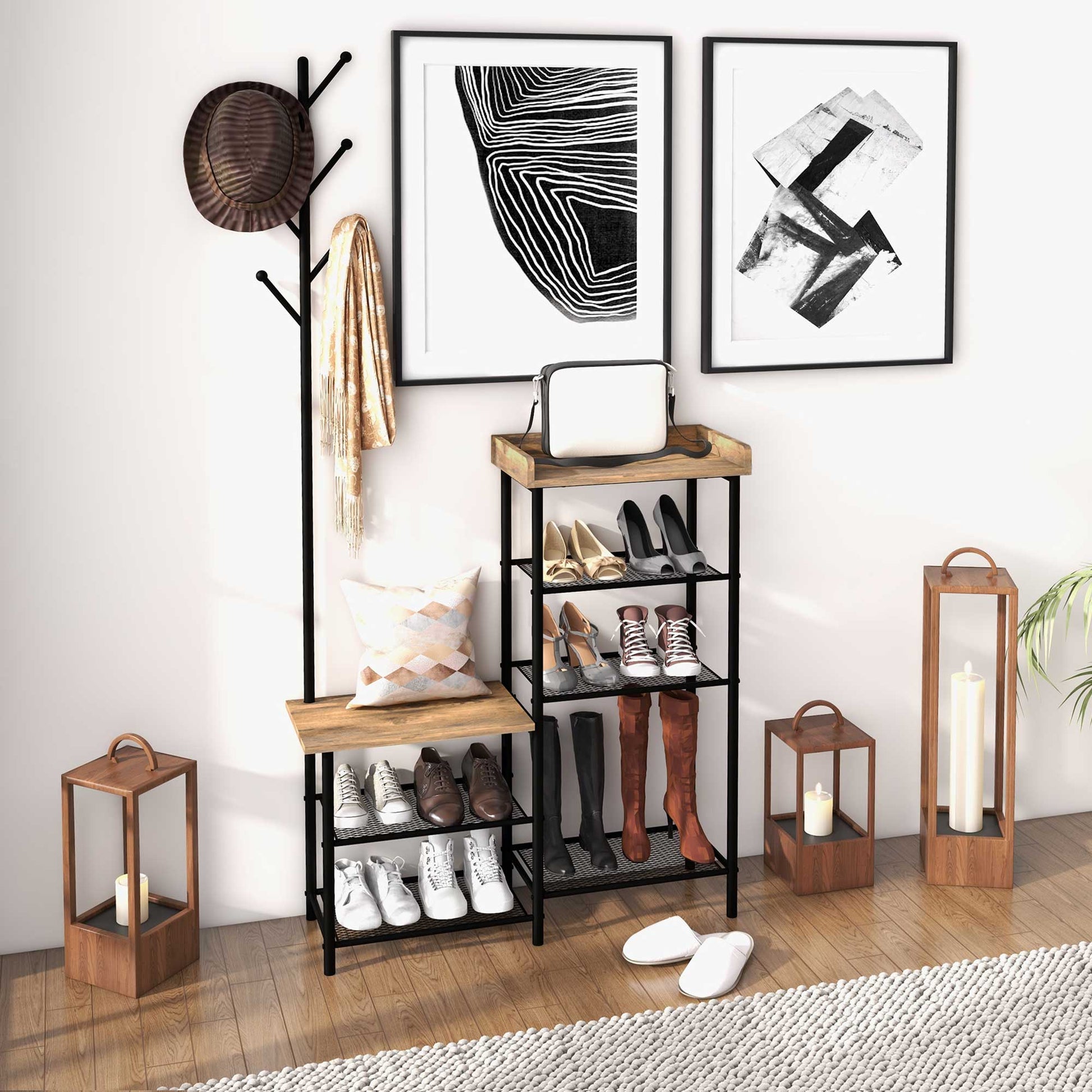 Coat Rack with Shoe Rack with 5 Shelves Entryway Coat Rack with 6 Hooks for Hanging Bags Clothes Industrial Style 92.5x28.2x182 cm Rustic Brown