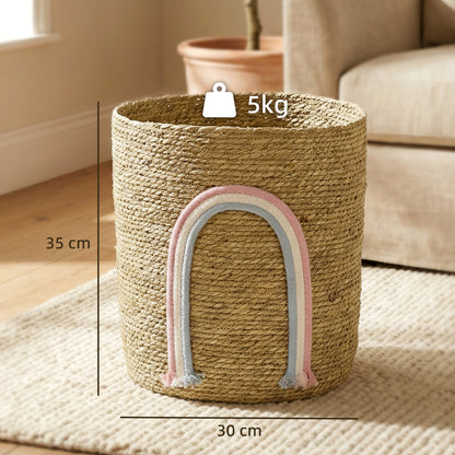 Woven Seagrass Storage Basket with Rainbow Accent — Natural, 12 x 12 x 14 in