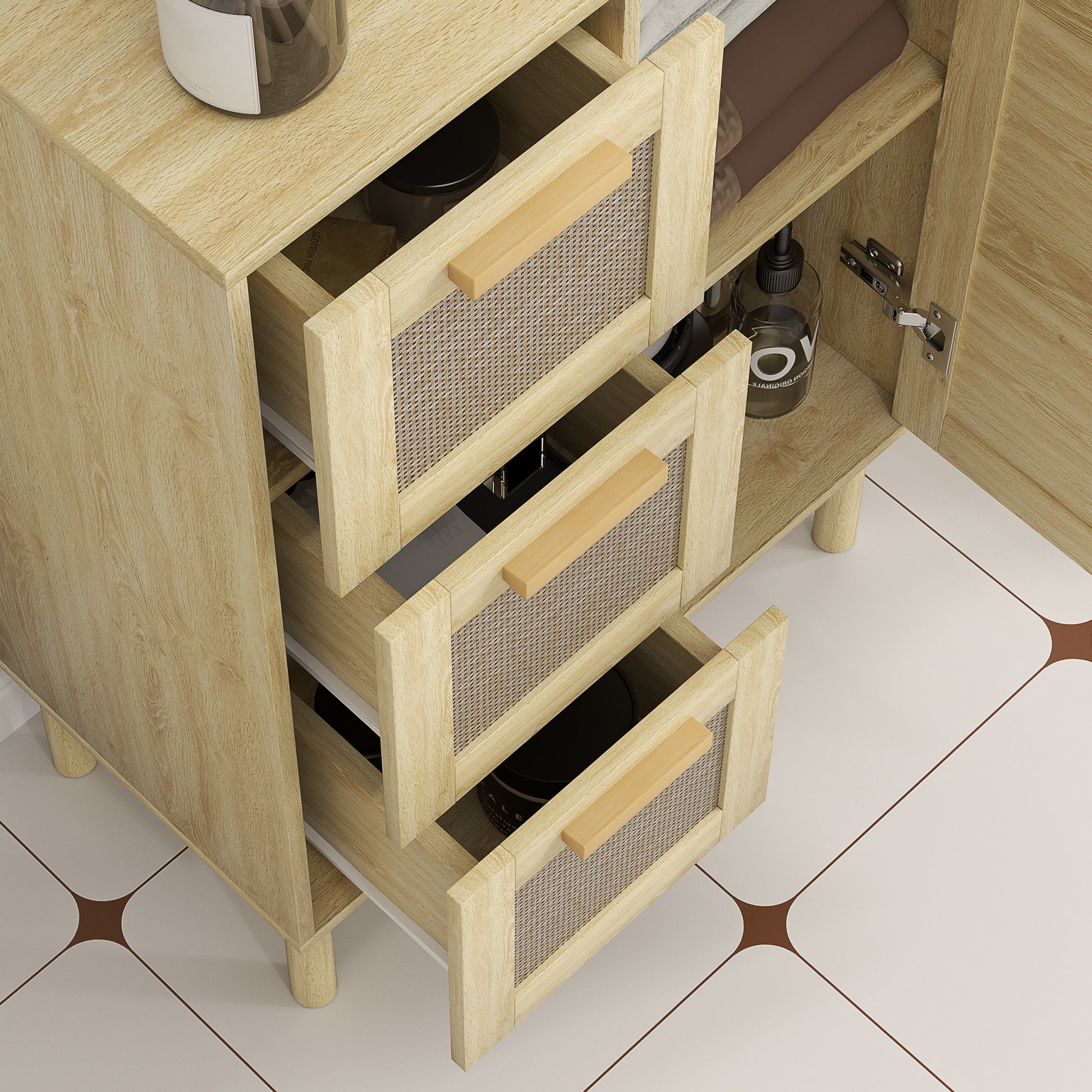 Bathroom Storage Cabinet, Bohemian Style Storage Unit with Drawer and Cupboard, Adjustable Shelves, Rattan Door, Cabinet for Bathroom, Living Room, Kitchen - 55 x 30 x 82 cm, Oak