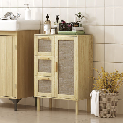 Bathroom Storage Cabinet, Bohemian Style Storage Unit with Drawer and Cupboard, Adjustable Shelves, Rattan Door, Cabinet for Bathroom, Living Room, Kitchen - 55 x 30 x 82 cm, Oak