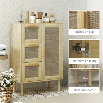 Bathroom Storage Cabinet, Bohemian Style Storage Unit with Drawer and Cupboard, Adjustable Shelves, Rattan Door, Cabinet for Bathroom, Living Room, Kitchen - 55 x 30 x 82 cm, Oak
