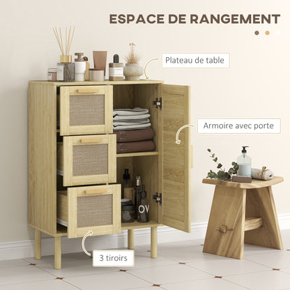 Bathroom Storage Cabinet, Bohemian Style Storage Unit with Drawer and Cupboard, Adjustable Shelves, Rattan Door, Cabinet for Bathroom, Living Room, Kitchen - 55 x 30 x 82 cm, Oak